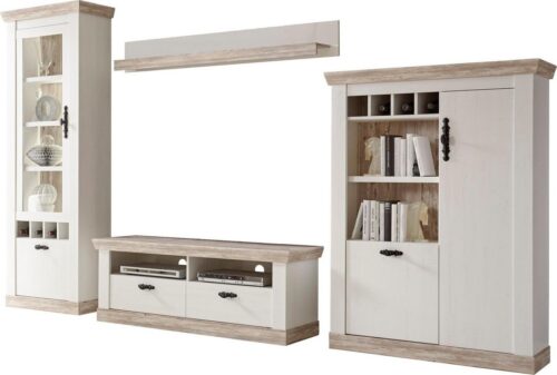 Home affaire Wohnwand Florenz, Anbauwand im Landhausstil, Komplettset mit Metallgriffen, (Set, 4-St), enthält Vitrine, Lowboard, Kommode und Wandboard, 330 cm breit
