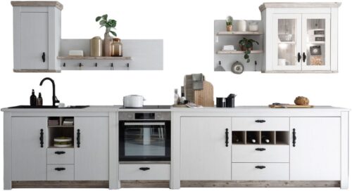 Home affaire Küchenzeile Florenz, Küche in Pinie Weiß, mit Herdumbau, ohne E-Geräte, (Set), Breite 394 cm, mit verschnörkelten Metallgriffen, Arbeitshöhe 92 cm