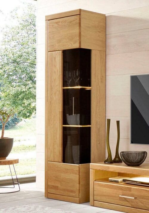 Home affaire Vitrine Ribe,180cm hoch,5 Fächer,2 Glasböden variabel einsetzbar Korpus aus Holzwerkstoff,dunkles gehärtetes Glas, Metall Griffe