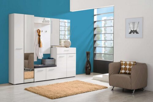 Home affaire Garderoben-Set Beny Flurmöbel, Dielenmöbel, Flurschrank, Flurgarderobe Breite 218 cm, (5-St., 5tlg), inkl. 2 Schränke, Sitzbank mit Kissen, Garderobenpaneele und Spiegel