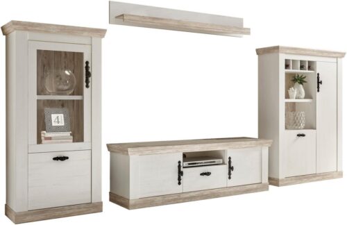 Home affaire Wohnwand Florenz, Anbauwand im Landhausstil, Komplettset mit Metallgriffen, (Set, 4-St), enthält Vitrine, Lowboard, Kommode und Wandboard, 352 cm breit