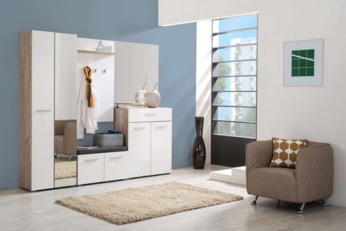 Home affaire Garderoben-Set Beny Flurmöbel, Dielenmöbel, Flurschrank, Flurgarderobe Breite 218 cm, (5-St., 5tlg), inkl. 2 Schränke, Sitzbank mit Kissen, Garderobenpaneele und Spiegel