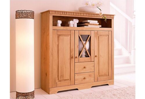 Home affaire Highboard Lisa, Stauraumschrank aus massivem Kiefernholz, mit dekorativen Fräsungen