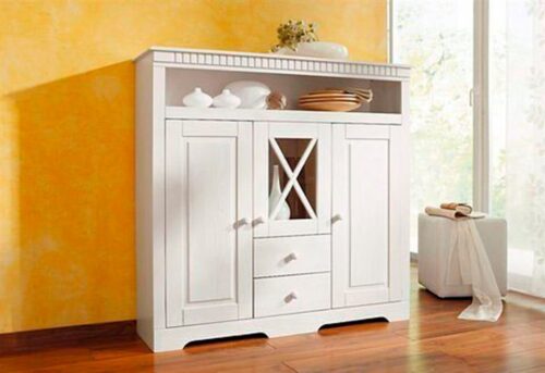 Home affaire Highboard Lisa, Stauraumschrank aus massivem Kiefernholz, mit dekorativen Fräsungen