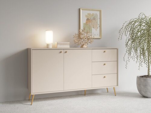 Home affaire Kommode ROMELIS Sideboard mit 3 Schubladen und 2 Türen, B/T/H: 156/40,5/89 cm, Beige Kommode mit goldenen Griffen auf goldenen Füßen, viel Stauraum