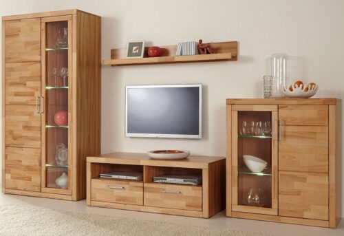 Home affaire Wohnwand Logo,Fronten Massivholz,Korpus Holzwekstoff,viel Stauraum, (Set, 4-St), Türen und Schubladen, bei TV Teil Kabeldurchführung,FSC