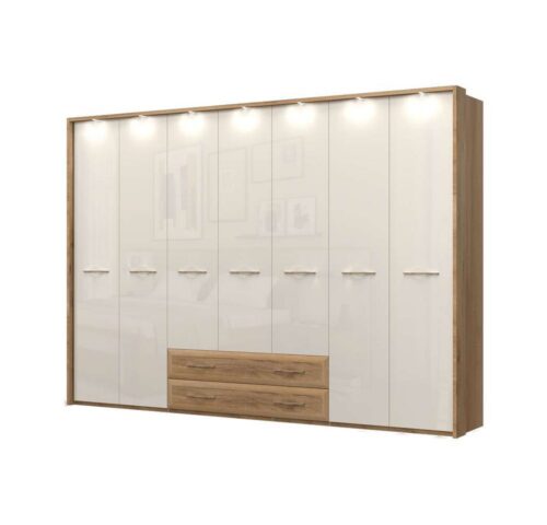 Home affaire Kleiderschrank Gala, beige hochglänzend UV lackiert, kratzfest, FSC-zertifiziert (abgerundete Schubladen aus MDF im Holzdekor, soft-close) mit Beleuchtung und Passpartourahmen, hoher Schrank (224cm), 4 Breiten