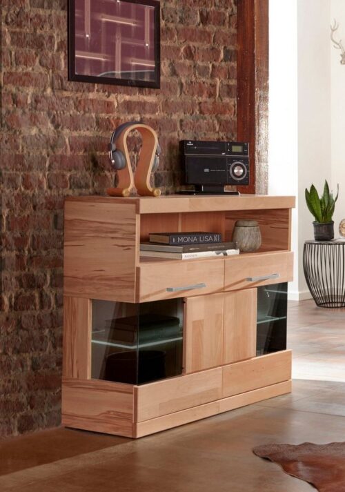 Home affaire Kommode Ribe 85cm breit,35 cm tief, Fronten Massivholz,2 Türen mit Glaseinsatz, Holz massiv, Holzwerkstoff,3 breite Fächer