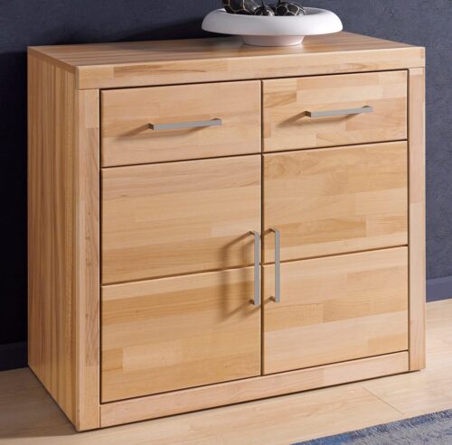 Home affaire Kommode Logo,90cm breit,42 cm tief, Fronten Massivholz,2 Türen,2 Schubladen, Holz massiv, Holzwerkstoff,2 breite Fächer,Boden versetzbar