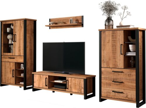 Home affaire Wohnwand Elda, (Komplett-Set, 4-St), Set bestehend aus: TV Lowboard, Vitrine, Wandboard,Highboard