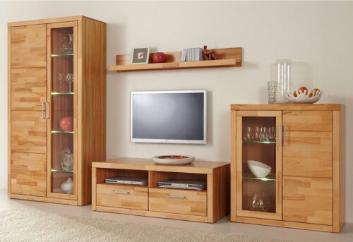Home affaire Wohnwand Logo,Fronten Massivholz,Korpus Holzwekstoff,viel Stauraum, (Set, 4-St), Türen und Schubladen, bei TV Teil Kabeldurchführung,FSC