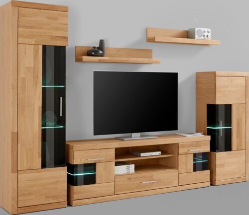 Home affaire Wohnwand Ribe Wohnwand Set-5 St., (Set, 5-St), Glaseinsatz aus gehärtetem Glas,Böden teilweise versetzbar