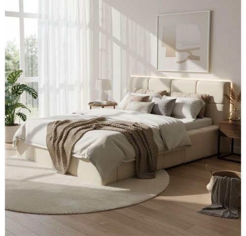 HOME DELUXE Polsterbett LED-Bett aus Teddy-Stoff mit Ablage GALA (140 x 200 cm, Bouclé Bett), inkl. Bettkasten, Lattenrost & großes gepolstertes Kopfteil