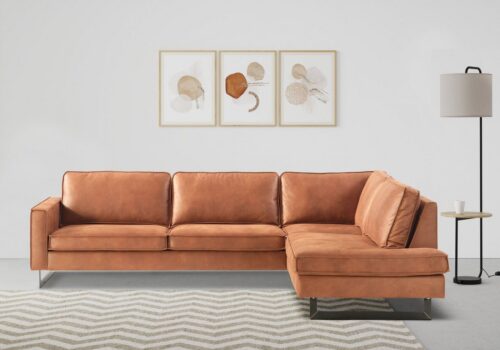 Home affaire Ecksofa Pinto, 290 cm, Cord, Chenille, Lederoptik, Ottomane links / rechts, mit Keder, schwarze Metallfüße, Wellenunterfederung