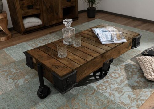 Massivmoebel24 Couchtisch RAILWAY (Massivholz, Massivholztisch), Couchtisch Mango 120x60x43 braun lackiert RAILWAY #460