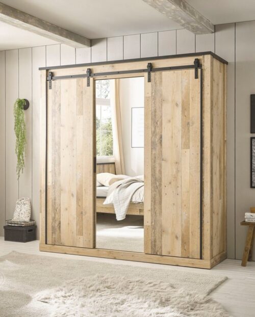 Home affaire Kleiderschrank SHERWOOD Schlafzimmerschrank mit Spiegel Wäscheschrank Schiebetüren mit Scheunentorbeschlag aus Metall, B/T/H 201/63/209cm