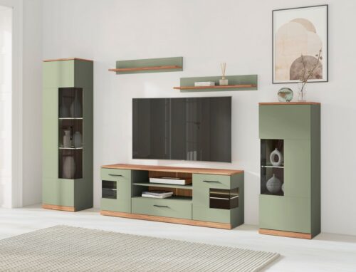 Home affaire Wohnwand Ribe,Set-5 St.,Oberplatten Eiche massiv,viel Stauraum, (5-St), Glaseinsatz aus gehärtetem Glas,Böden teilweise versetzbar