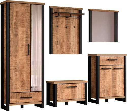 Home affaire Garderoben-Set Elda, (Komplett-Set, 5-St), Garderoben-Set: Schrank, Sitzbank, Paneel, Wandspiegel & Kommode