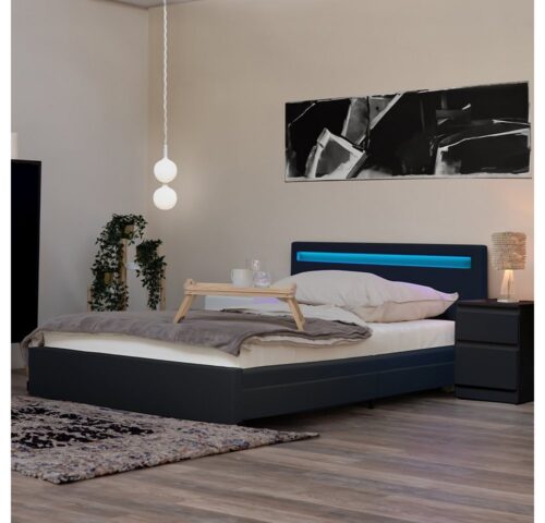 HOME DELUXE Bett NUBE mit Schubladen - 140 x 200 (inkl. Lattenrost & Matratze), Polsterbett, Doppelbett, Bettgestell mit Stauraum, LED Bett