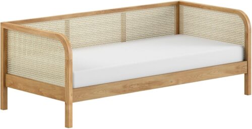 Home affaire Bett Olive, mit Eiche massiven Bettpfosten, Bettseiten furniert (B/H/T ca. 210x75x96,6cm, Auf. Natur, zeitloses Design), 90/200 inkl. Lattenrost und trendigen Rattan Kopf- u. Seitenteilen
