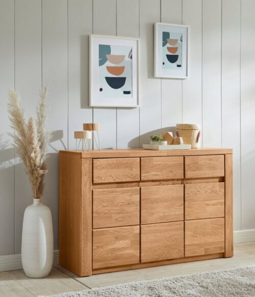 Home affaire Sideboard Burano,127cm breit, Fronten Massivholz,3 Türen,3 Schubladen,6 Fächer, Holz massiv,Holzwerkstoff,Griffmulden,Böden variabel einsetzbar