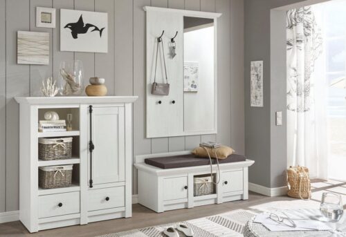 Home affaire Garderoben-Set California, Komplettset im Landhausstil, moderne Garderobe, (Set, 3-St), enthält Sitzbank, Paneel mit Spiegel und Kommode, 239 cm breit