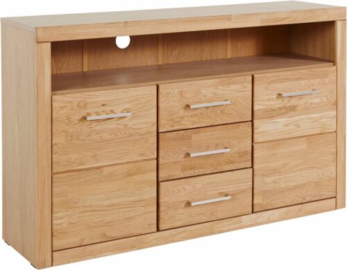 Home affaire Sideboard Ribe,130cm breit,80cm hoch,Oberplatte Holz massiv,6 Fächer, Holz massiv, Holzwerkstoff, Metall Griffe,2 Türen,3 Schubladen