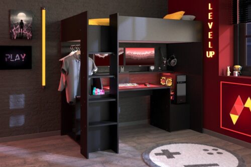 Home affaire Hochbett Meddox, TOPSELLER! OTTOs Choice, Gamerbett, LED, Schreibtisch (Gesamtaußenmaße B/T/H 203,7/94,4/180 cm) Kleiderstange, viel Stauraum, ideal für kleine Räume, ALL-IN-ONE Bett