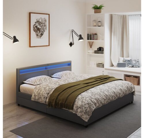 HOME DELUXE Kunstlederbett LED Bett mit Schubladen - 200 x 200 cm / 270 x 200 cm (inkl. Schubladen), gepolstertes Kopfteil, LED Beleuchtung, Familienbett, Stauraumbett
