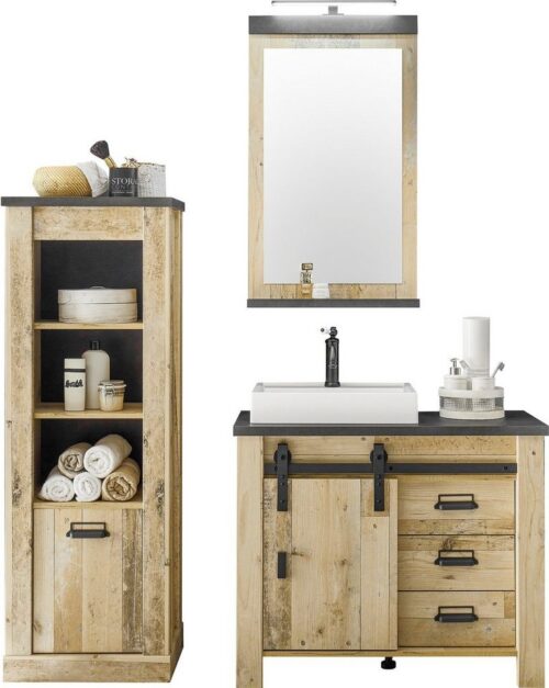 Home affaire Badmöbel-Set SHERWOOD, Bad im modernen Design, 3-teiliges Badezimmer, (3-St), in 2 Farben verfügbar, Scheunentorbeschlag & Apothekergriff aus Metall