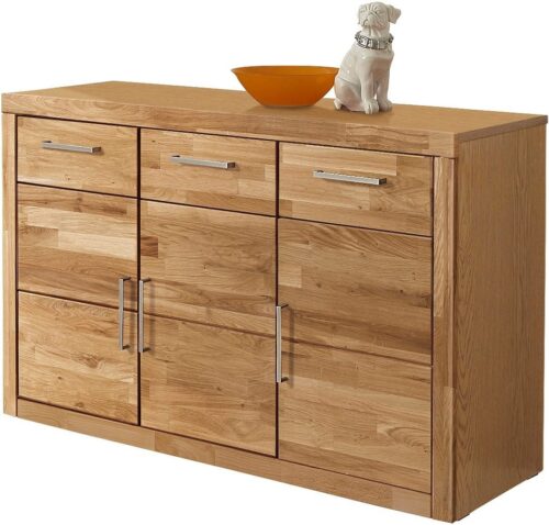 Home affaire Sideboard Logo,130cm breit,42 cm tief, Fronten Massivholz,2 breite Fächer, Holz massiv, Holzwerkstoff, Metall Griffe,3Türen,3Schubladen