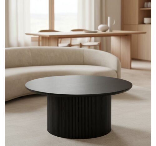 HOME DELUXE Couchtisch LINA - 90 x 90 x 40 cm, runder Wohnzimmertisch - Dark Oak mit Lamellen Standfuß