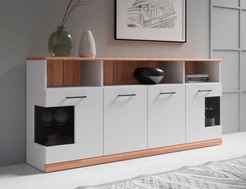 Home affaire Sideboard RIBE20 Fronten massiv,Korpus Melamin, 2 Türen mit Glaseinsatz, Oberplatte Massivholz,schwarze Metall Griffe,2 Türen mit Glaseinsatz