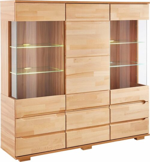 Home affaire Highboard Vetro,150cm breit,40 cm tief,Fronten Massivholz,9 Fächer, Kernbuche massiv, Holzwerkstoff, 3Türen,6 Schubladen, Griffmulden