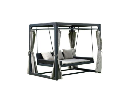 HOME DELUXE Doppelliege PROVENCE, inkl. Seitenvorhänge, Abdeckung, Kissen & Montagematerial, Gartenliege mit Sonnendach, Schwebeliege mit Rattanbett, Doppelliege