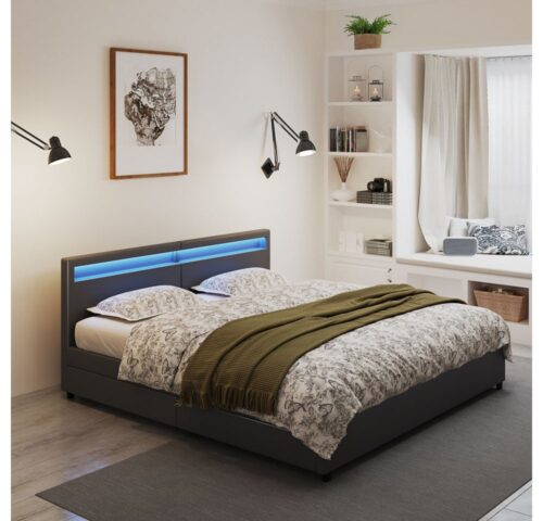 HOME DELUXE Kunstlederbett LED Bett mit Schubladen - 200 x 200 cm / 270 x 200 cm (inkl. Schubladen), gepolstertes Kopfteil, LED Beleuchtung, Familienbett, Stauraumbett