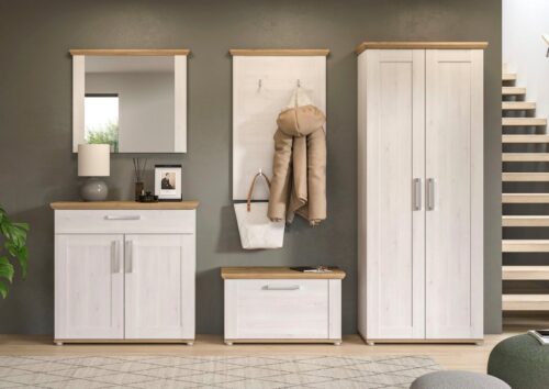 Home affaire Garderoben-Set COSENZA, TOPSELLER!, Breite ca. 285 cm, 5-teilig, in Landhausoptik, (5-St., Garderobenschrank, Sitzbank, Garderobenpaneel, Schuhschrank, Spiegel), Garderobenkombination, Kombination, Diele, Garderobe, Garderobenmöbel