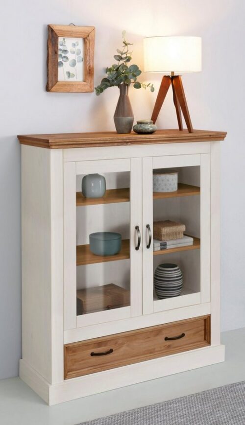 Home affaire Vitrine Selma Highboard aus massivem Kiefernholz, mit Griffen aus antikisiertem Metall