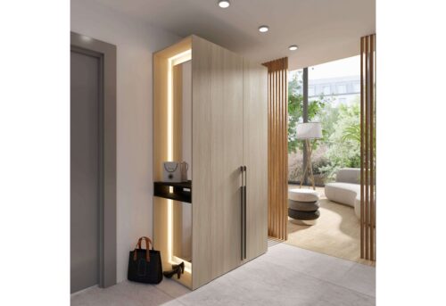 Home affaire Kleiderschrank TRENTO Garderobe, Wäscheschrank mit Spiegel und LED-Beleuchtung (lange Griffe, Maße B/T/H 110,9/58/207,5cm, Made in Europe) wahlweise mit Kleiderstange oder Einlegeböden FSC-zertifiziert