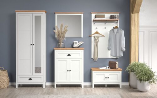 Home affaire Garderoben-Set Vienna, (5-St), Komplettset bestehend aus: Schrank, Sitzbank, Paneel, Kommode, Spiegel