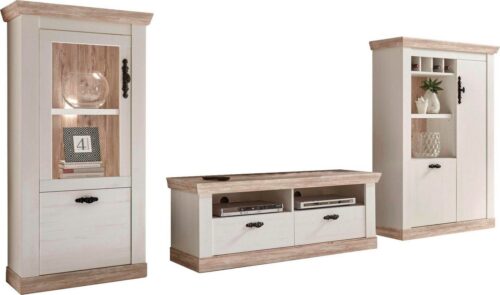 Home affaire Wohnwand Florenz, Anbauwand im Landhausstil, Komplettset mit Metallgriffen, (3-St), enthält Vitrine, Lowboard und Kommode, 330 cm breit