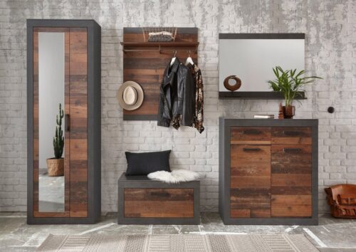 Home affaire Garderoben-Set BROOKLYN, (Komplett-Set, 5-St., bestehend aus Garderobenschrank mit Spiegel, Kommode, Spiegel etc)