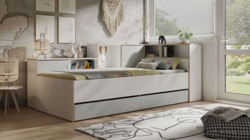 Home affaire Jugendbett ELLETE Stauraumbett 90x200 cm, Maße B/T/H: 231,5/125,5/88,5 cm, Bett ohne Matratze mit 2 Schubladen, 2 Türen und 6 Fächer