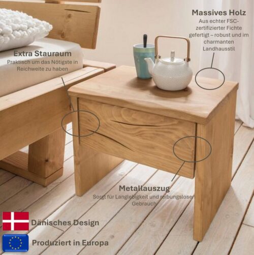 Home affaire Nachtkonsole Ultima Balkenbett Doppelbett, Füße mit Kufenform, Massivholz, Skandinavisches Design, Robust, stabil, FSC zertifiziert