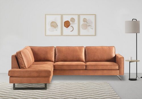 Home affaire Ecksofa Pinto, 290 cm, Cord, Chenille, Lederoptik, Ottomane links / rechts, mit Keder, schwarze Metallfüße, Wellenunterfederung