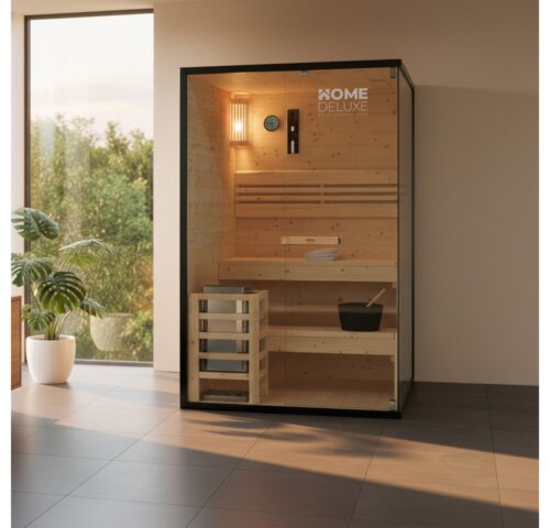 HOME DELUXE Sauna SHADOW M, BxTxH: 120 x 120 x 190 cm, 44 mm, (inkl. 3,6 kW Saunaofen & komplettem Zubehör) für 2 Personen, Hochwertiges Fichtenholz, Traditionelle Sauna
