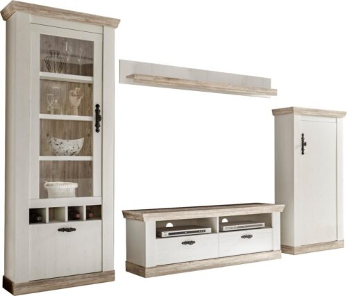 Home affaire Wohnwand Florenz, Anbauwand im Landhausstil, Komplettset mit Metallgriffen, (Set, 4-St), enthält Vitrine, Lowboard, Kommode und Wandboard, 296 cm breit
