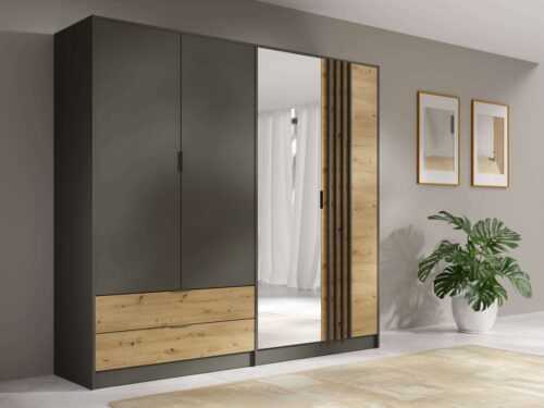 Home affaire Kleiderschrank Kleiderschrank Loreto mit Schubkästen und Spiegel, B/T/H 220/54/202 cm Schrank mit Drehtüren und Schubladen, Spiegel und MDF-Lamellen