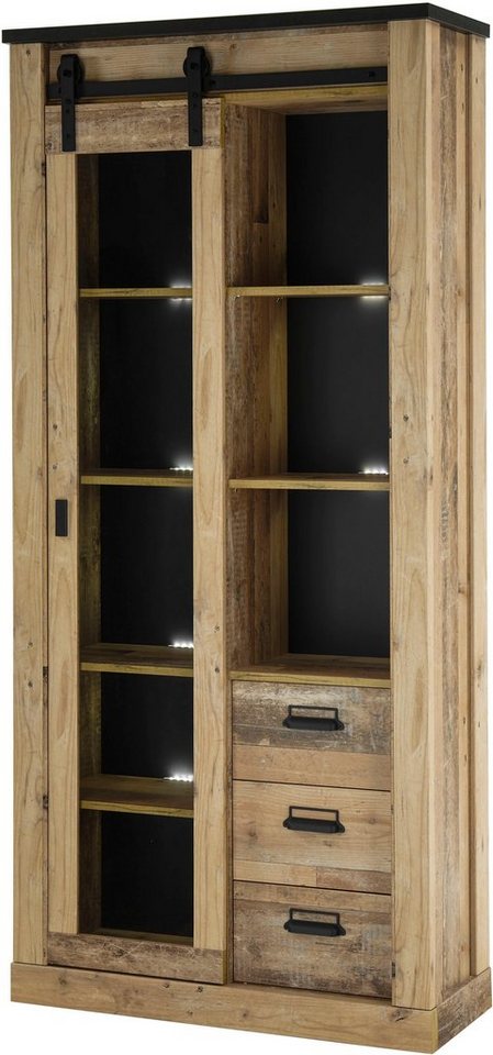Home affaire Vitrine Sherwood, Hochschrank im Industrial-Style, moderne Glasvitrine Scheunentorbeschlag und Apothekergriffe aus Metall, Höhe 201 cm