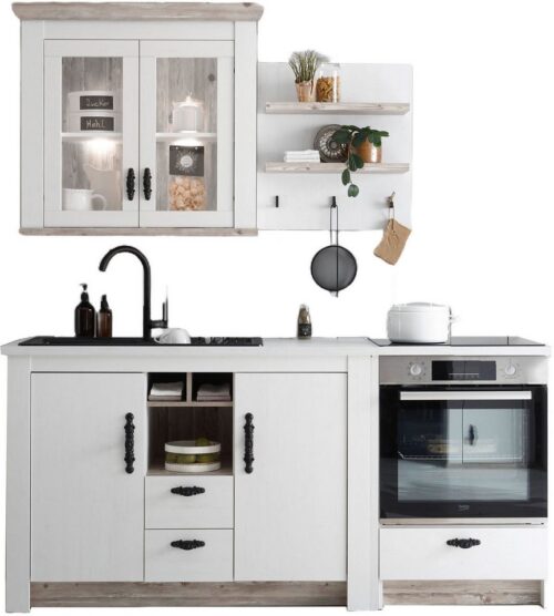 Home affaire Küchenzeile Florenz, Küche in Pinie Weiß, mit Herdumbau, ohne E-Geräte, (Set), Breite 191 cm, mit verschnörkelten Metallgriffen, Arbeitshöhe 92 cm